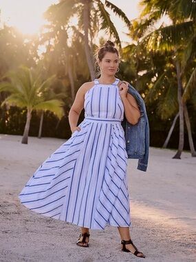 Lane Bryant Striped Halter Maxi Dress with Pockets 16 Blue